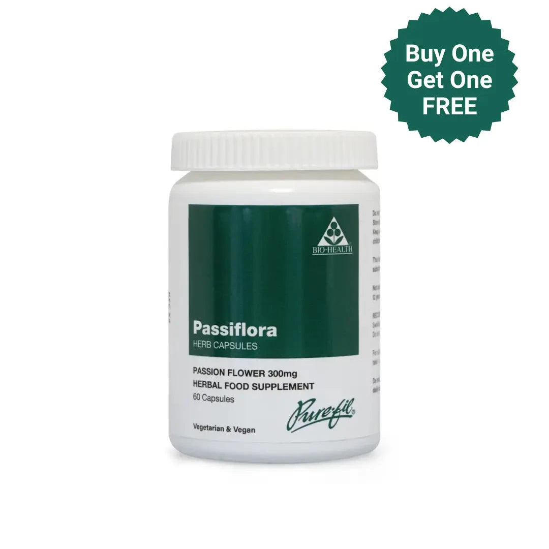Supplement bottle labeled 'Passiflora' with a promotional 'buy one get one free' badge on a white background