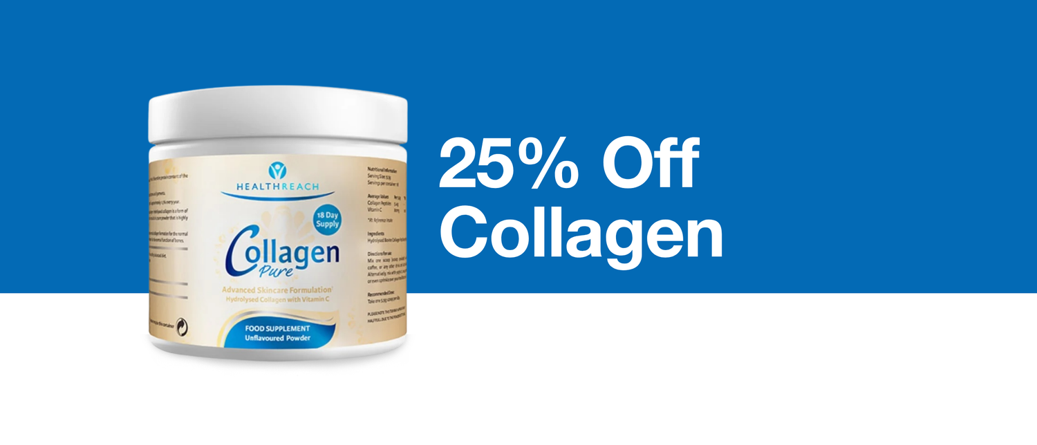 Health Reach Collagen powder container with promotional text 25% off on a blue and white background