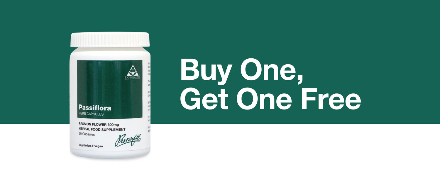 Herbal 'Passoflora' supplement bottle with promotional text 'Buy One, Get One Free' on a green background