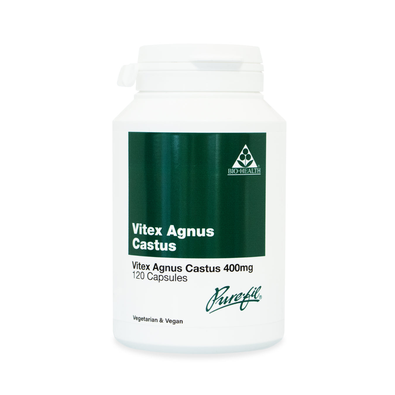 Bottle of Vitex Agnus Castus 400mg 120 capsules on a white background with the words pure-fil vegetarian and vegan on pack