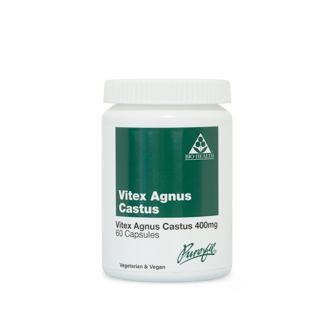 Bottle of Vitex Agnus Castus 400mg 60 capsules on a white background with the words pure-fil vegetarian and vegan on pack